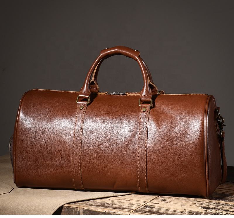 Brown leather weekender bag front view