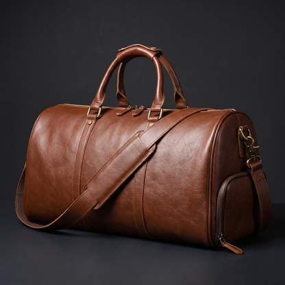 Leather weekender bag hero shot on dark background