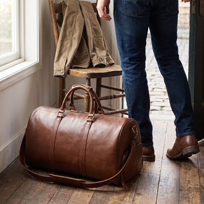 Leather weekender bag packed and ready by the door