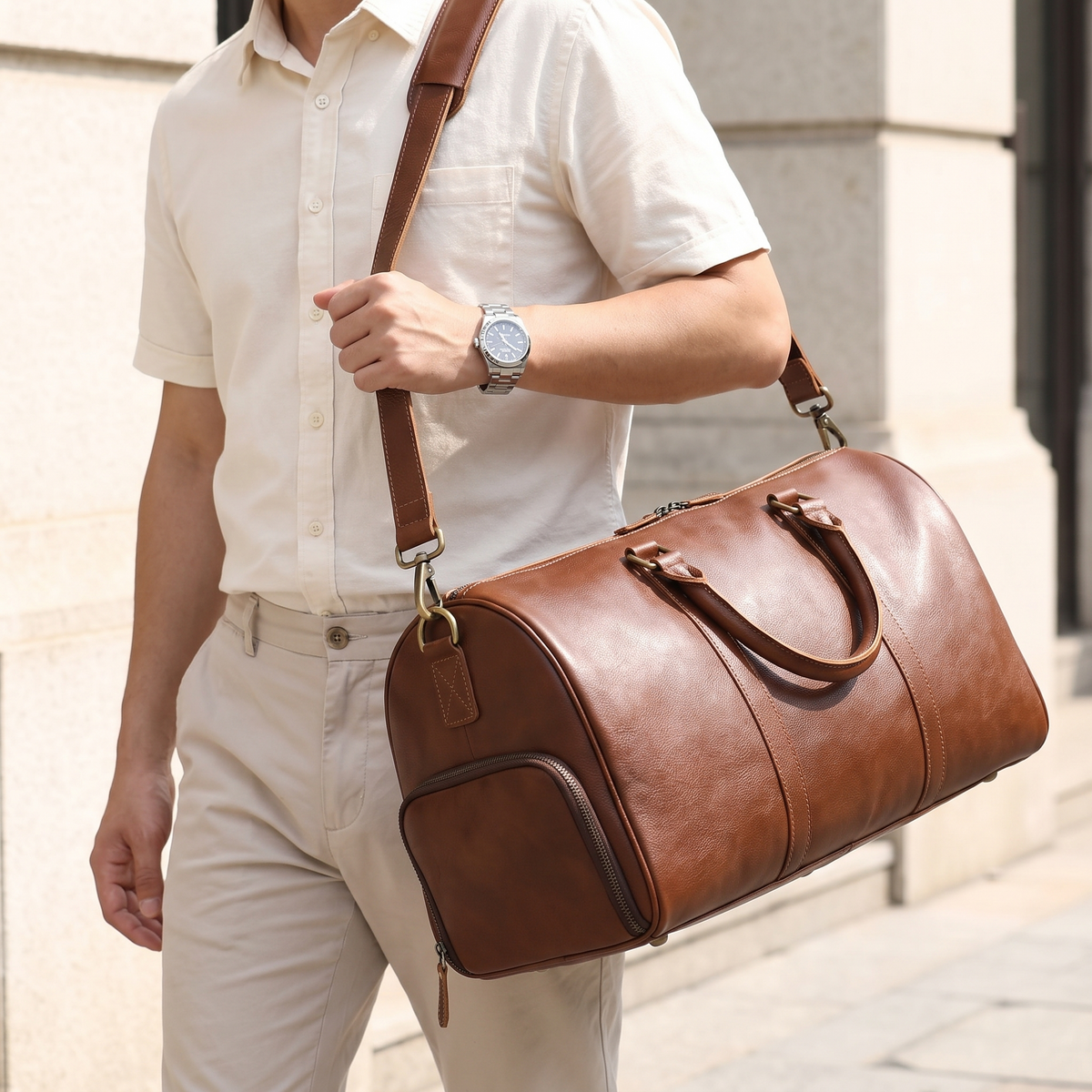 Leather weekender bag worn on the shoulder