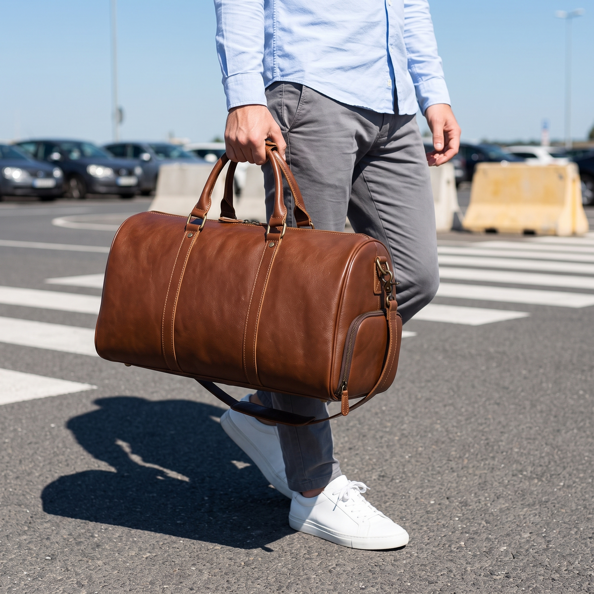 Man crossing car park with leather weekender bag