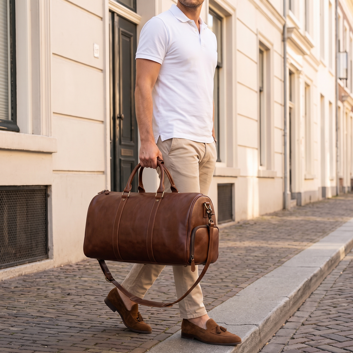 Man carrying leather weekender bag along townhouse street