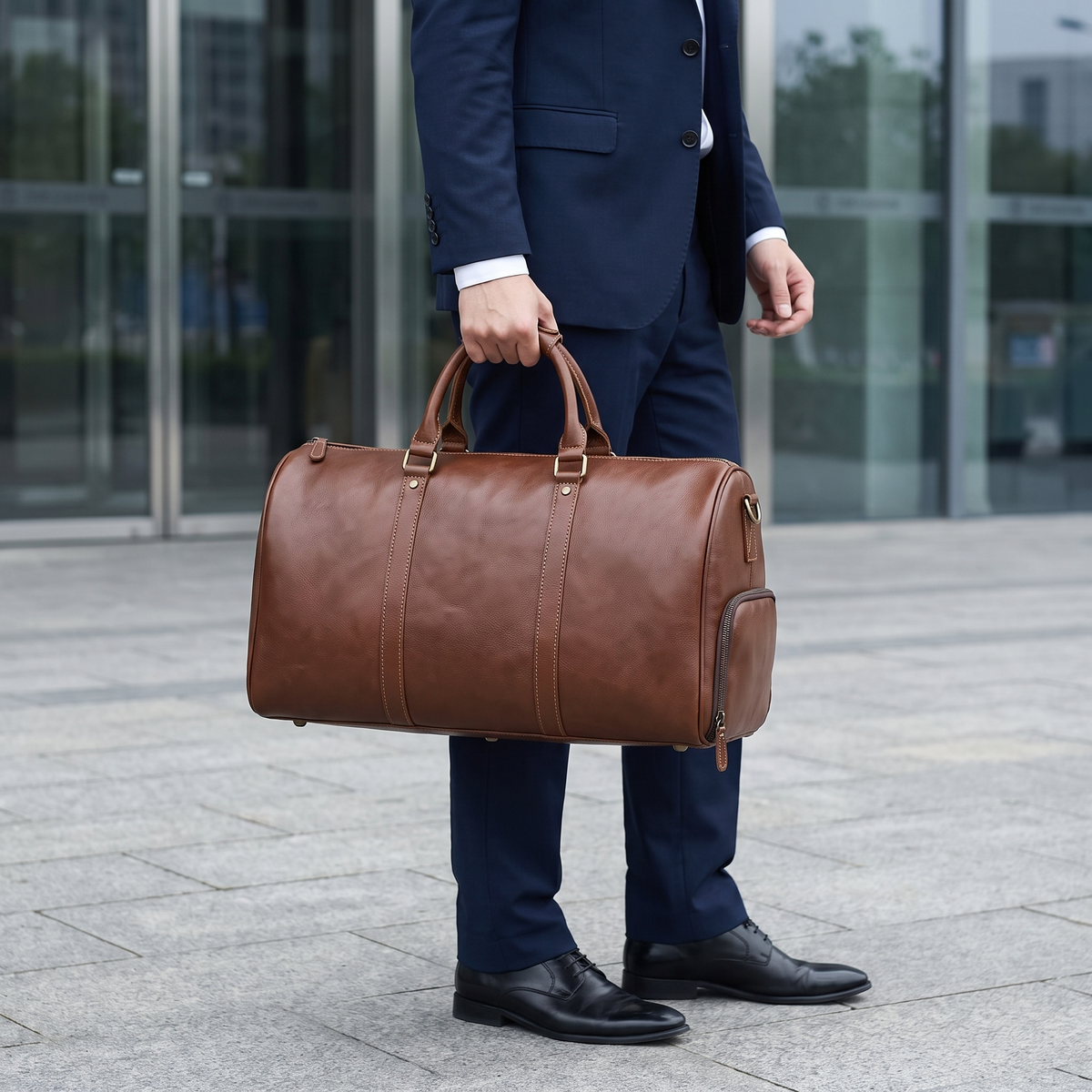 Businessman carrying leather weekender bag in city